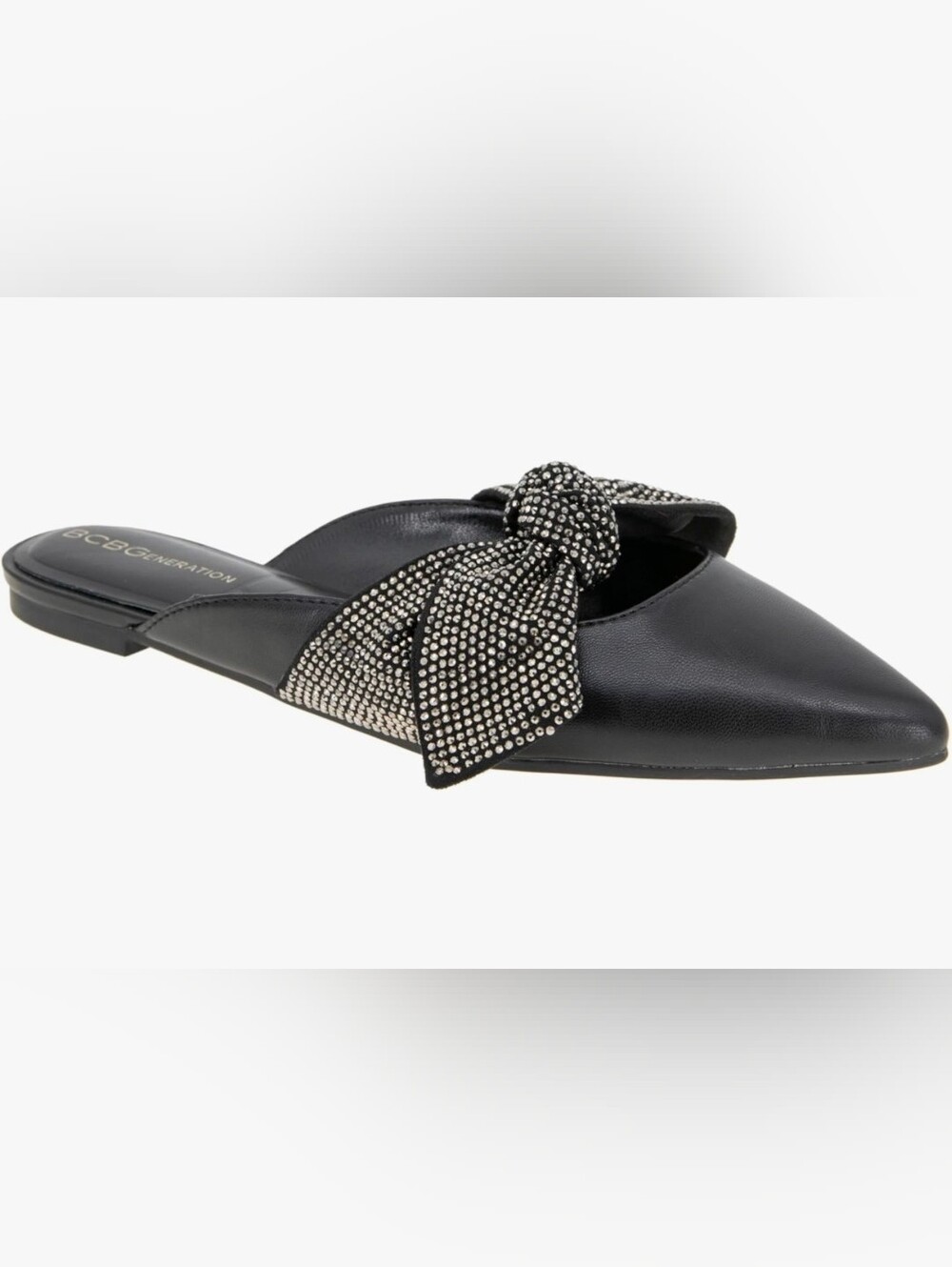 BCBGeneration Women's Kandy Pointy Toe Rhinestone Bow Black Mules